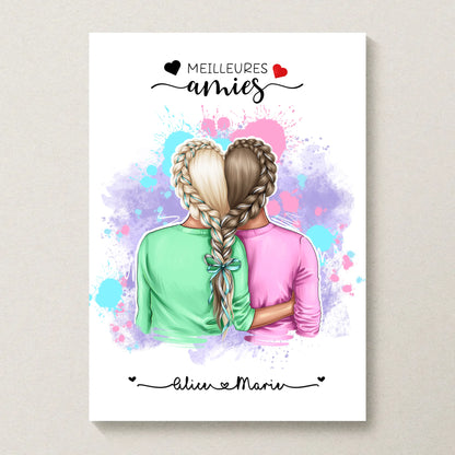 Affiche Personnalisée Meilleures Amies Nattes cœur