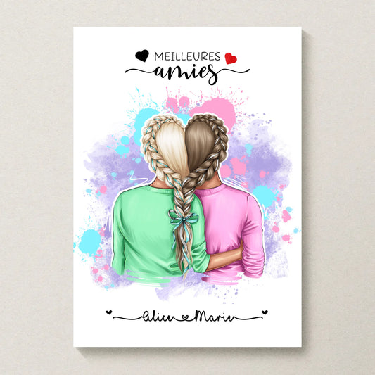 Affiche Personnalisée Meilleures Amies Nattes cœur