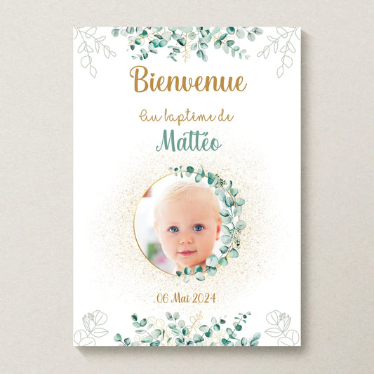 Affiche Baptême ou Anniversaire Bienvenue "Eucalyptus OR" avec photo