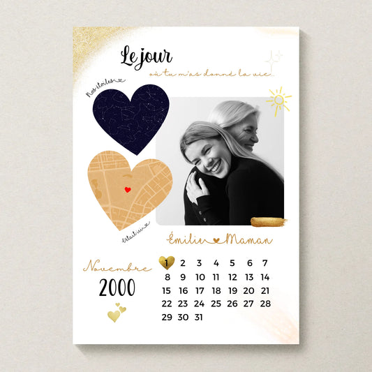 Affiche Personnalisée Maman Calendrier avec Photo, Plan et Carte des étoiles - cadeau personnalisé maman