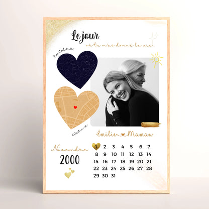 Cadre Personnalisé Maman Calendrier avec Photo, Plan et Carte des étoiles - cadeau personnalisé maman