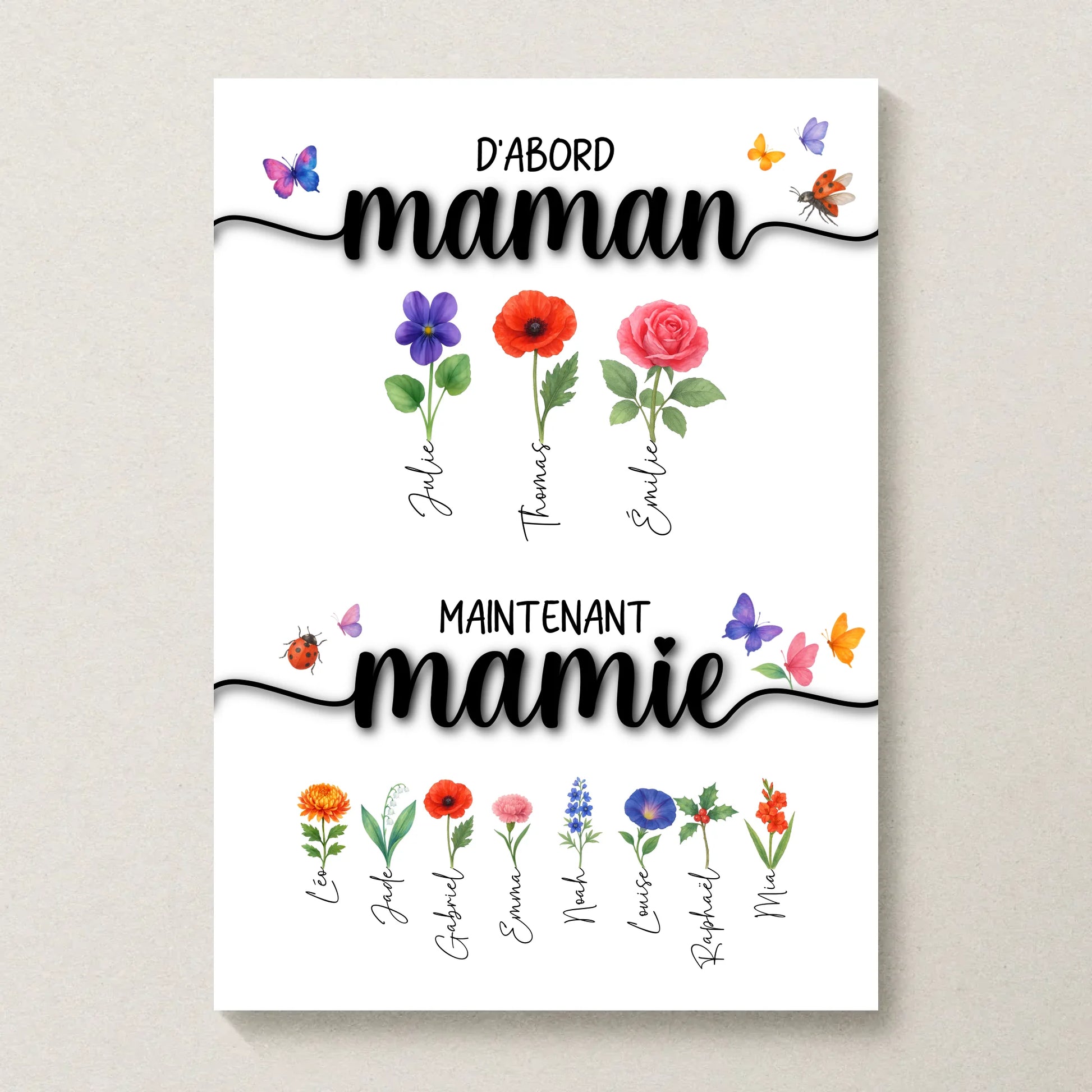 Affiche D'abord maman, maintenant mamie avec Fleurs de Naissance Affiche D'abord maman Plume Revedor