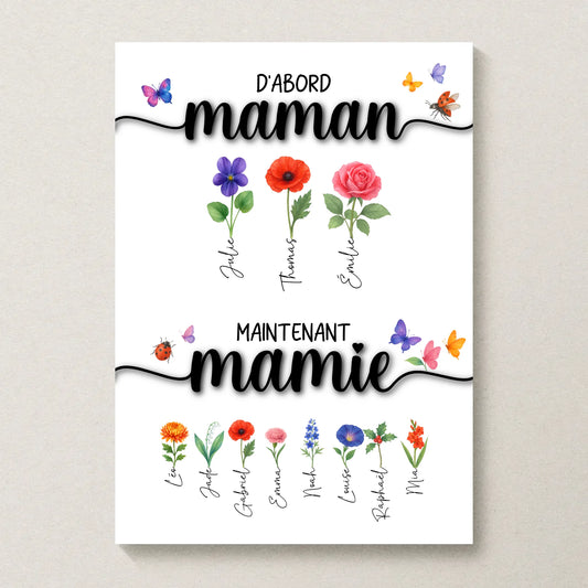 Affiche D'abord maman, maintenant mamie avec Fleurs de Naissance Affiche D'abord maman Plume Revedor