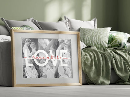 Affiche personnalisée Couple MOT Photos Noir et Blanc Mot et Prénoms -Plume Revedor