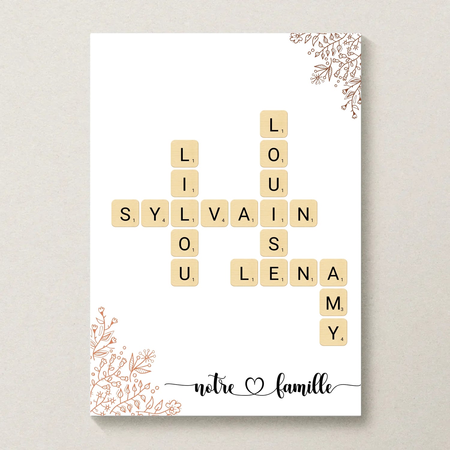 Affiche famille Scrabble personnalisée prénoms croisés avec fleurs