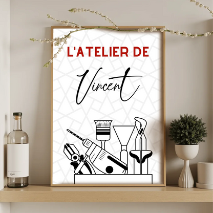 Affiche murale atelier de bricolage avec prénom personnalisé