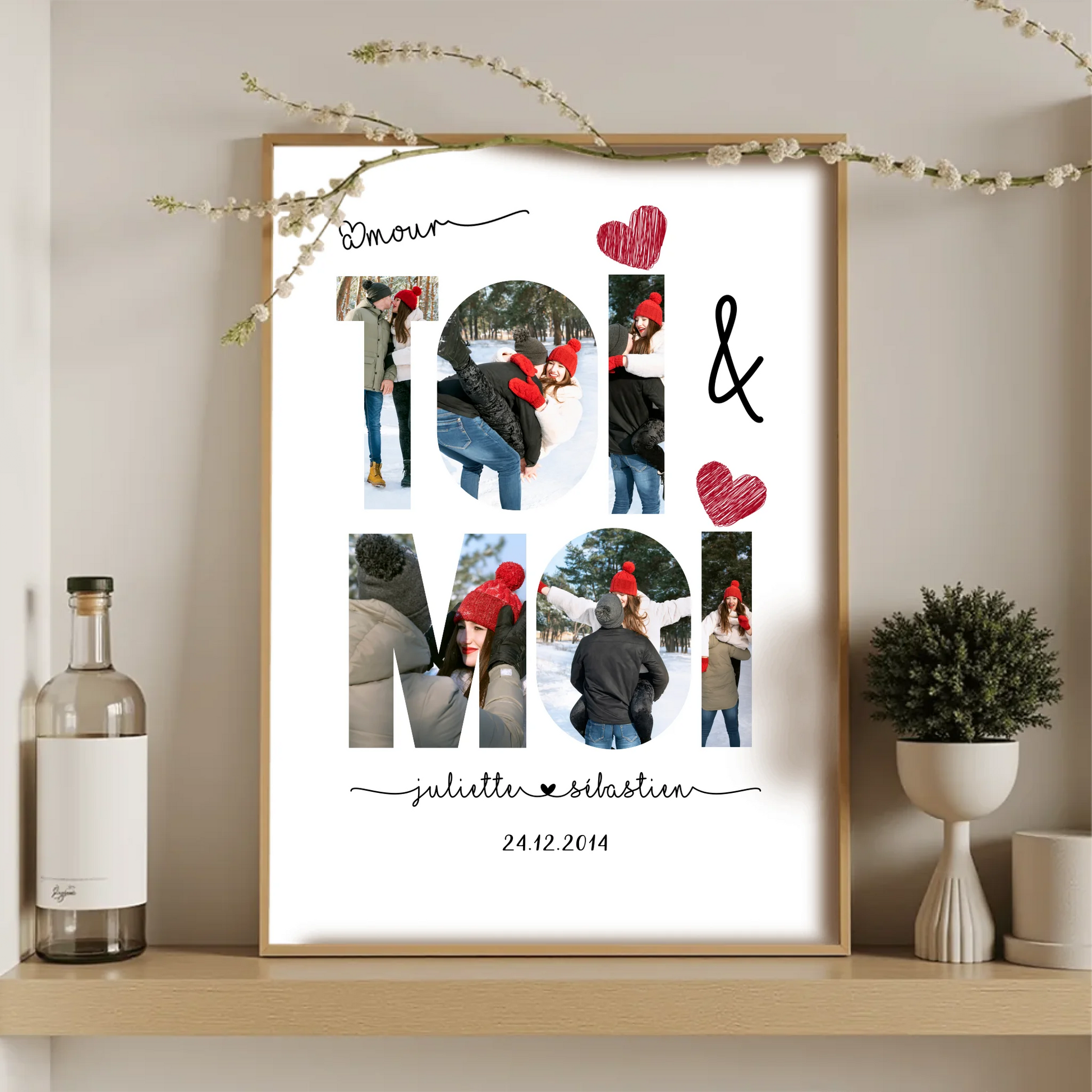 Cadeau couple personnalisé avec collage photo et texte calligraphié