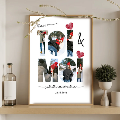 Cadeau couple personnalisé avec collage photo et texte calligraphié