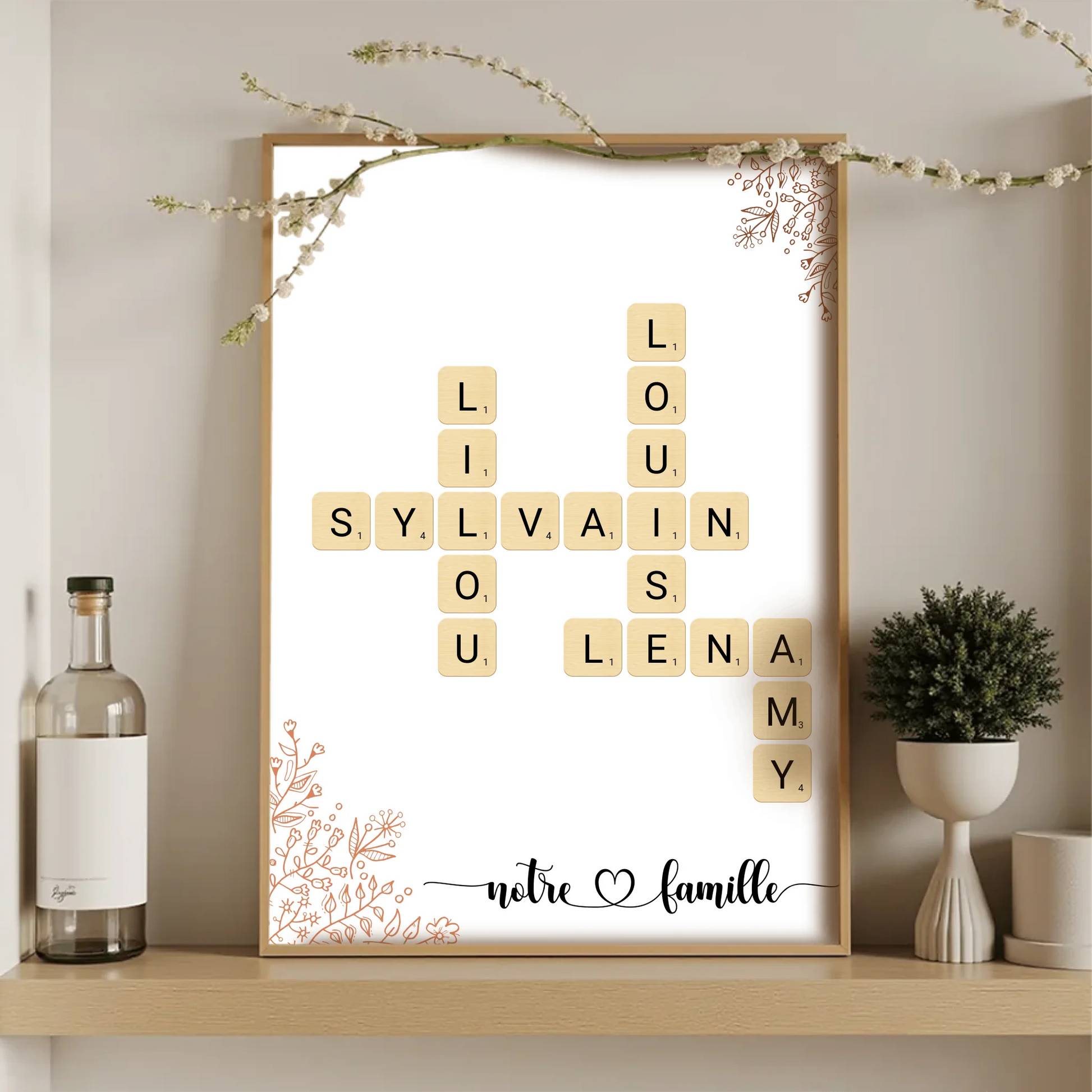 Affiche originale Notre famille – mots croisés personnalisés sur fond blanc