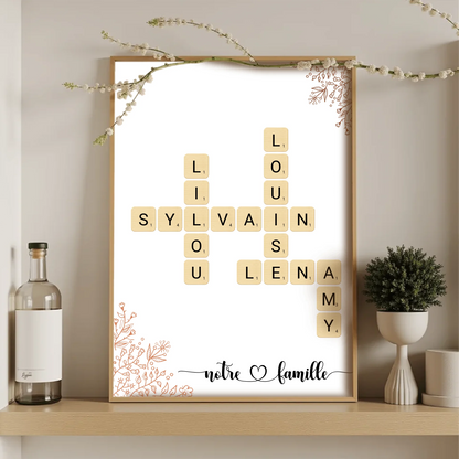 Affiche originale Notre famille – mots croisés personnalisés sur fond blanc