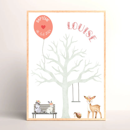 Affiche personnalisée - Baptême ou Anniversaire arbre à empreintes aniPlume Revedor