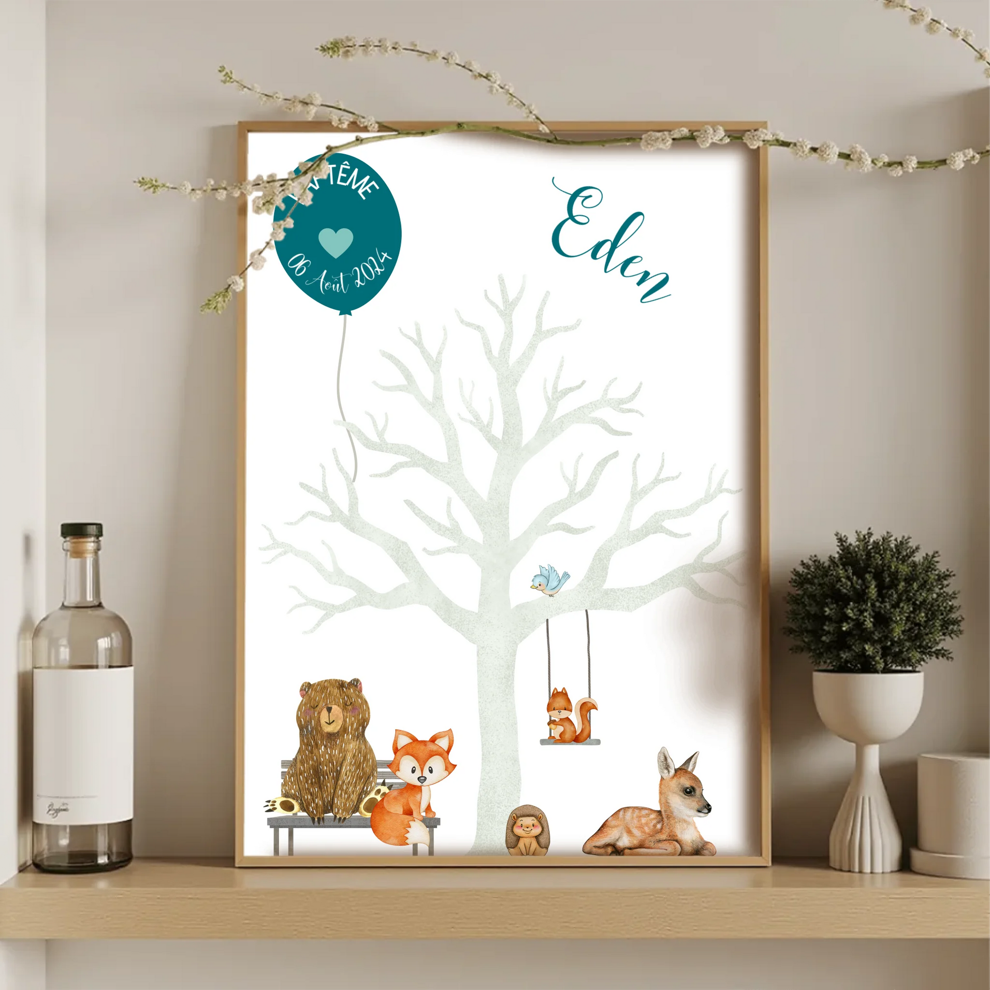 Affiche personnalisée - Baptême ou Anniversaire arbre à empreintes aniPlume Revedor