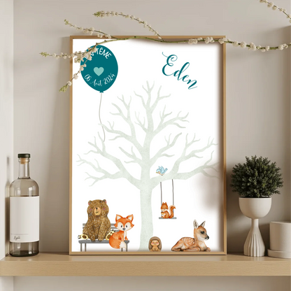 Affiche personnalisée - Baptême ou Anniversaire arbre à empreintes aniPlume Revedor