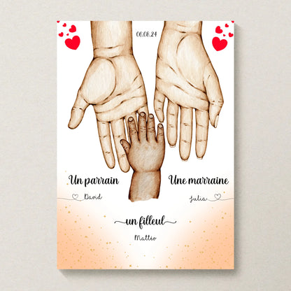 Affiche personnalisée - Main dans la main Parrain Marraine et Filleul(Plume Revedor