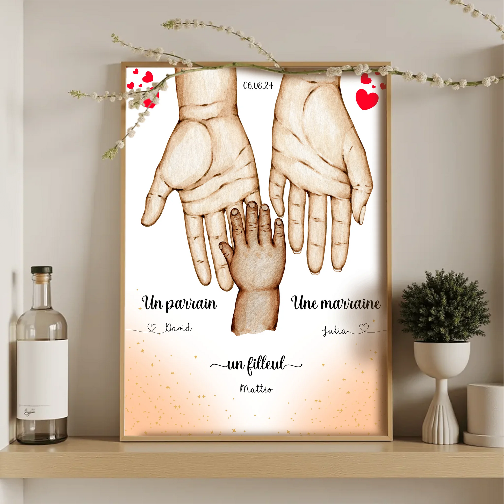 Affiche personnalisée - Main dans la main Parrain Marraine et Filleul(Plume Revedor