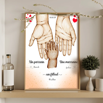Affiche personnalisée - Main dans la main Parrain Marraine et Filleul(Plume Revedor