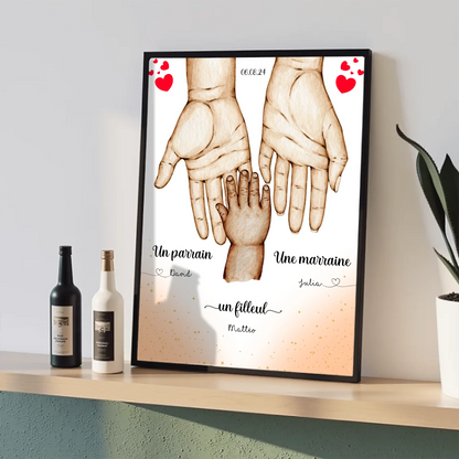 Affiche personnalisée - Main dans la main Parrain Marraine et Filleul(Plume Revedor