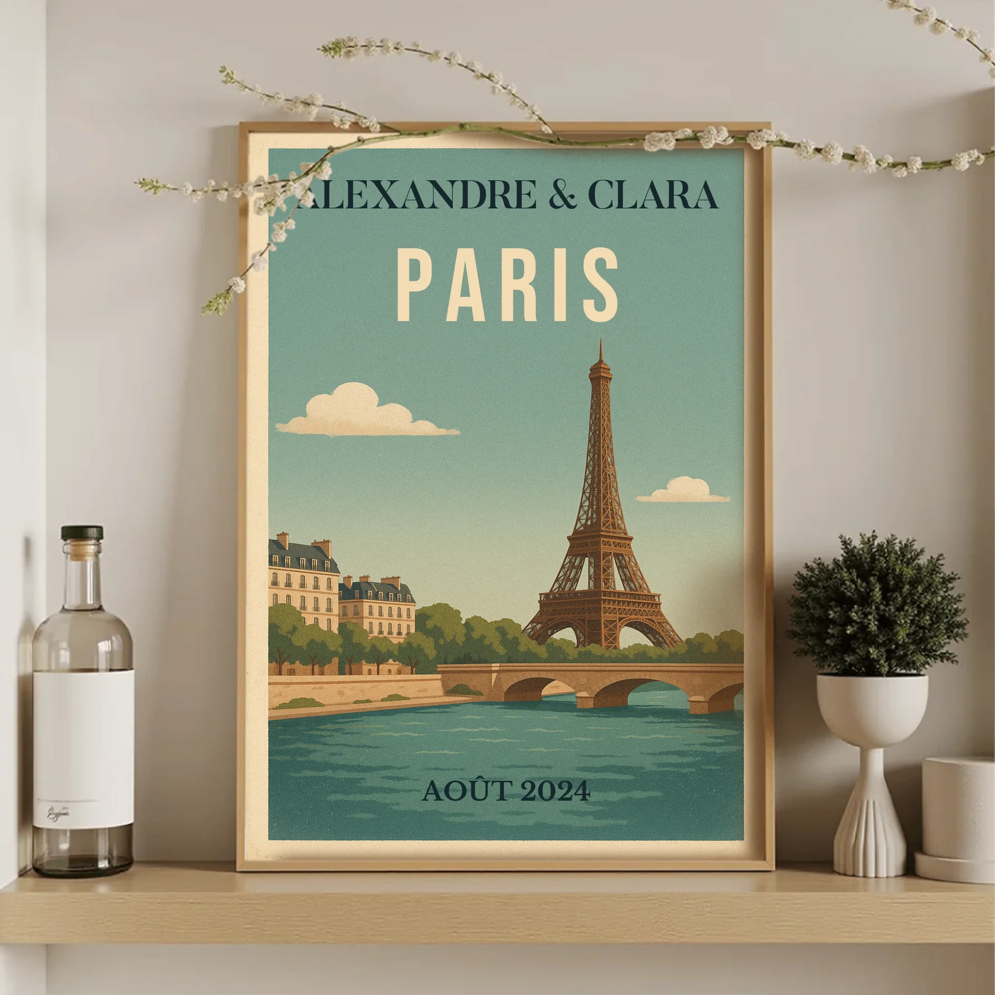 Affiche vintage personnalisée Paris – Tour Eiffel & Pont sur la SeinePlume Revedor