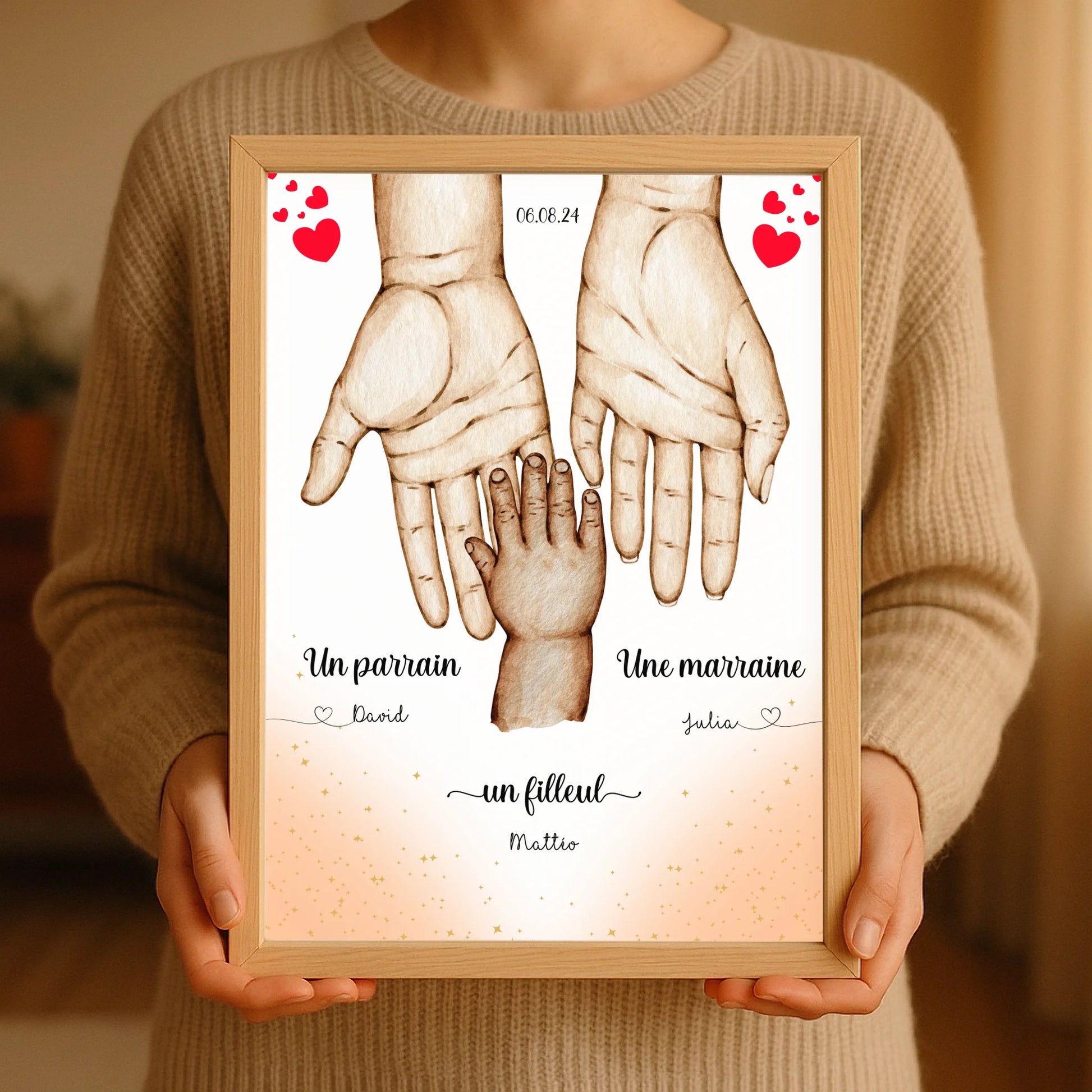 Affiche personnalisée - Main dans la main Parrain Marraine et Filleul(Plume Revedor