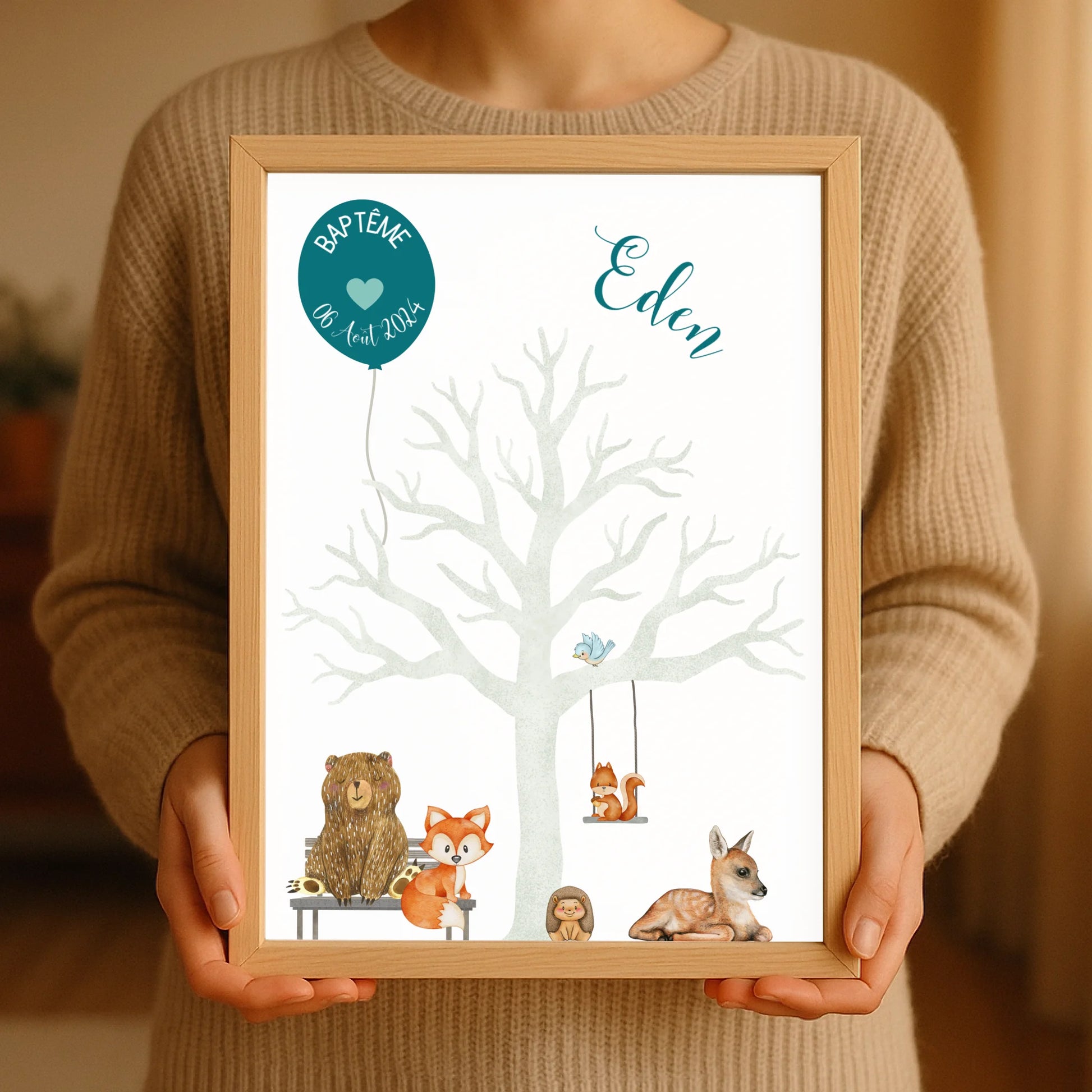 Affiche personnalisée - Baptême ou Anniversaire arbre à empreintes aniPlume Revedor