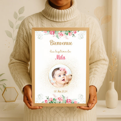 Affiche personnalisée Baptême ou Anniversaire Bienvenue "Bohème Roses"Plume Revedor