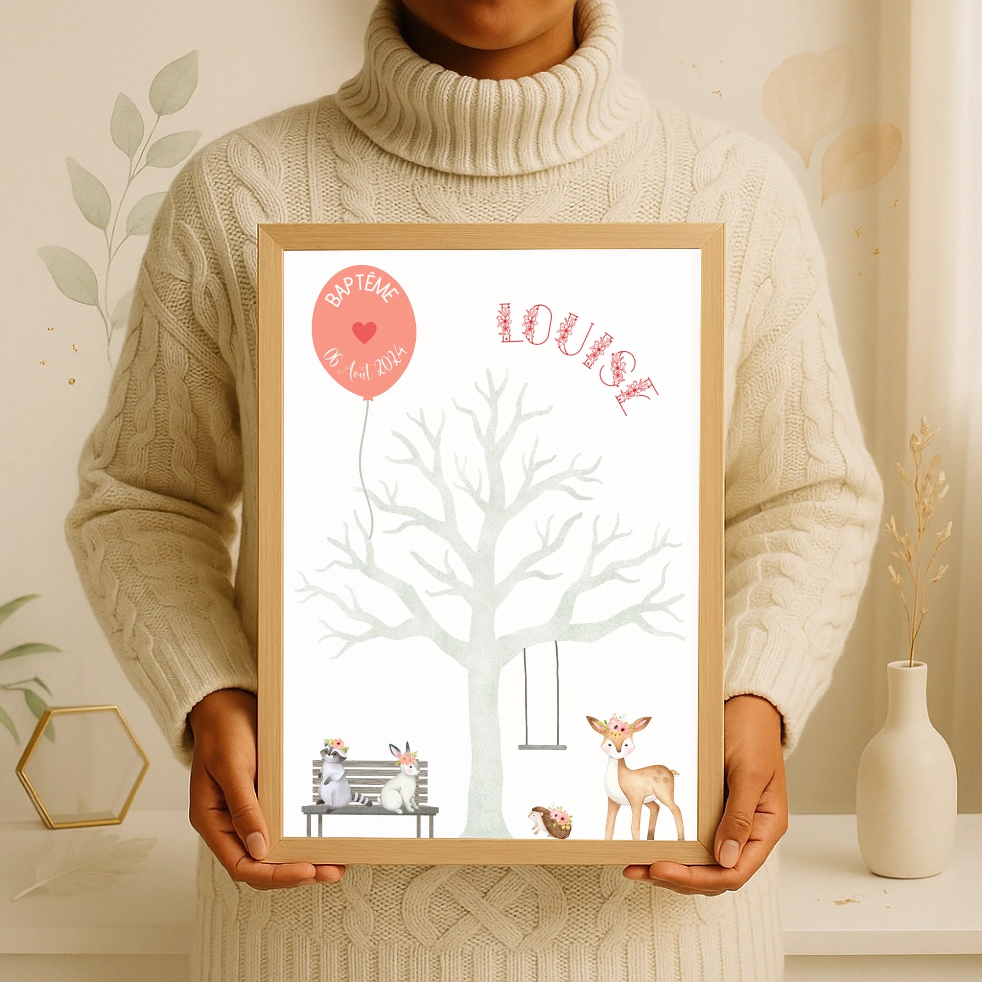 Affiche personnalisée - Baptême ou Anniversaire arbre à empreintes aniPlume Revedor