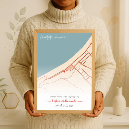 Affiche personnalisée - couple carte du lieu de rencontre - là où toutPlume Revedor