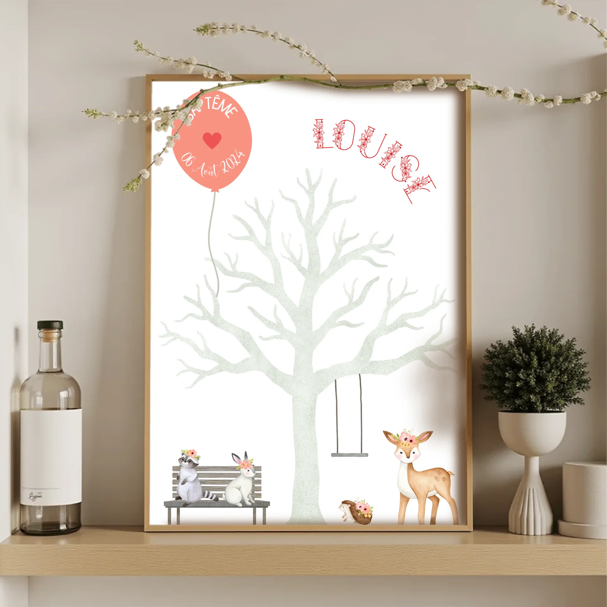Affiche personnalisée - Baptême ou Anniversaire arbre à empreintes aniPlume Revedor