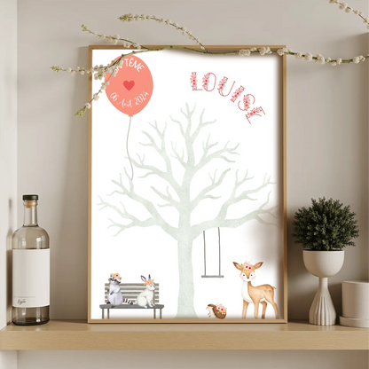 Affiche personnalisée - Baptême ou Anniversaire arbre à empreintes aniPlume Revedor