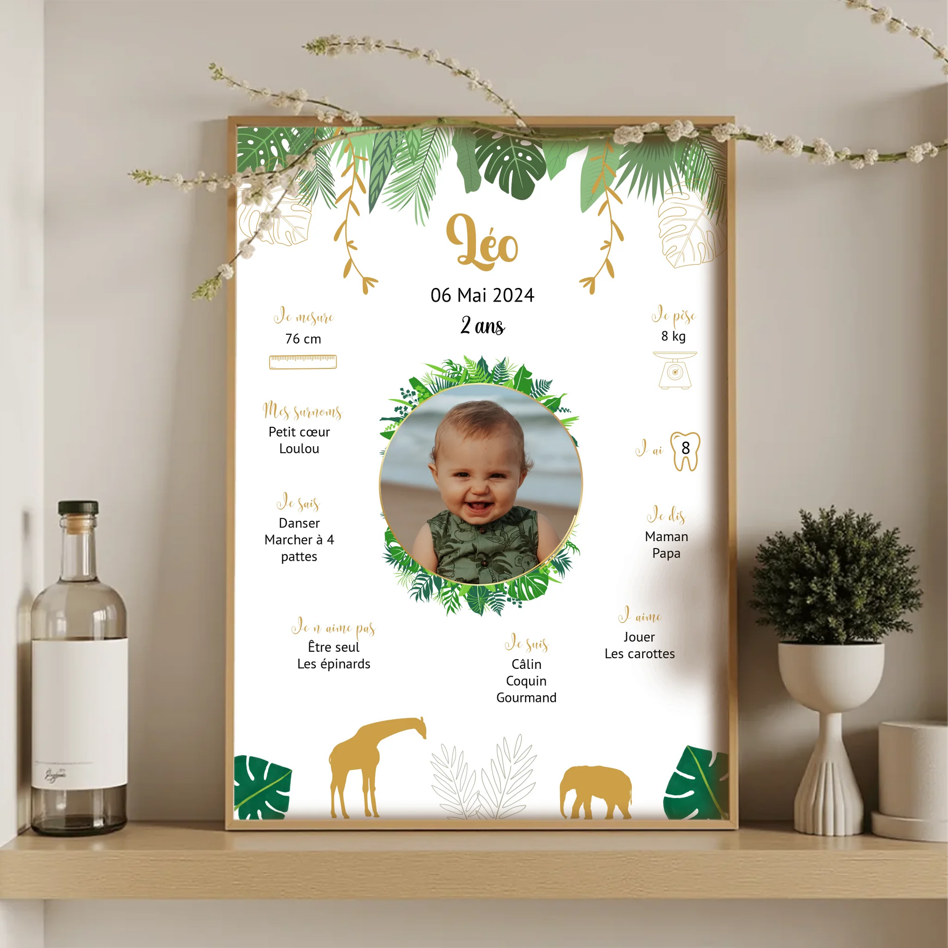 Affiche personnalisée - Anniversaire Baptême Jungle Girafe éléphantPlume Revedor