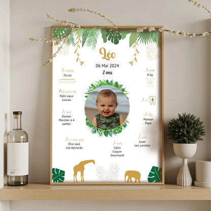 Affiche personnalisée - Anniversaire Baptême Jungle Girafe éléphantPlume Revedor