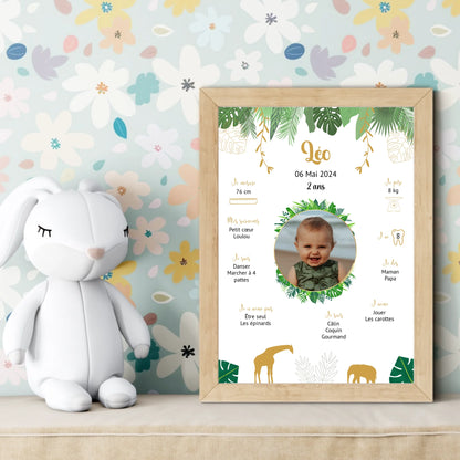 Affiche personnalisée - Anniversaire Baptême Jungle Girafe éléphantPlume Revedor