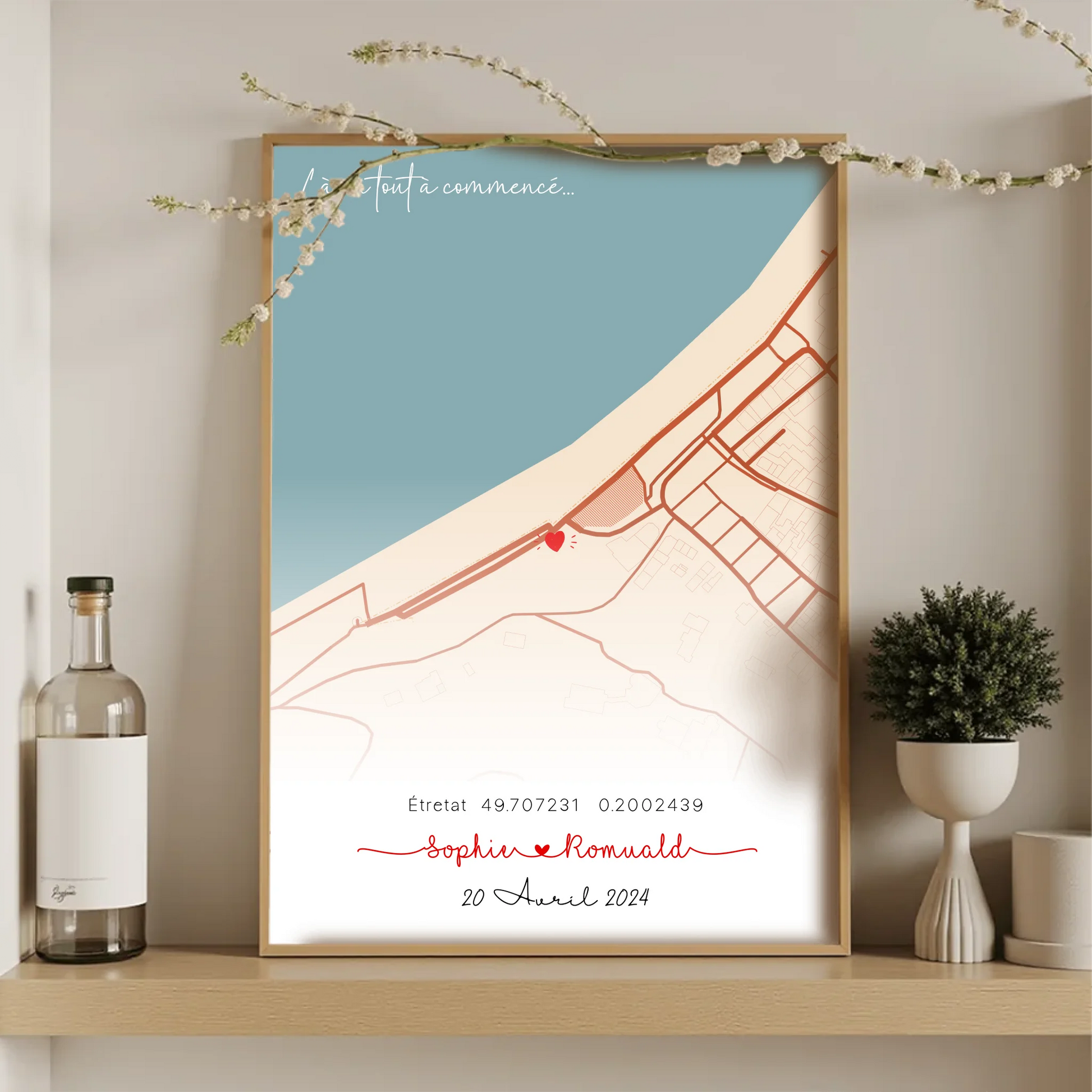Affiche personnalisée - couple carte du lieu de rencontre - là où toutPlume Revedor