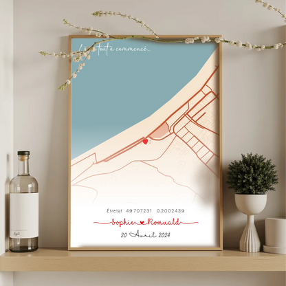 Affiche personnalisée - couple carte du lieu de rencontre - là où toutPlume Revedor