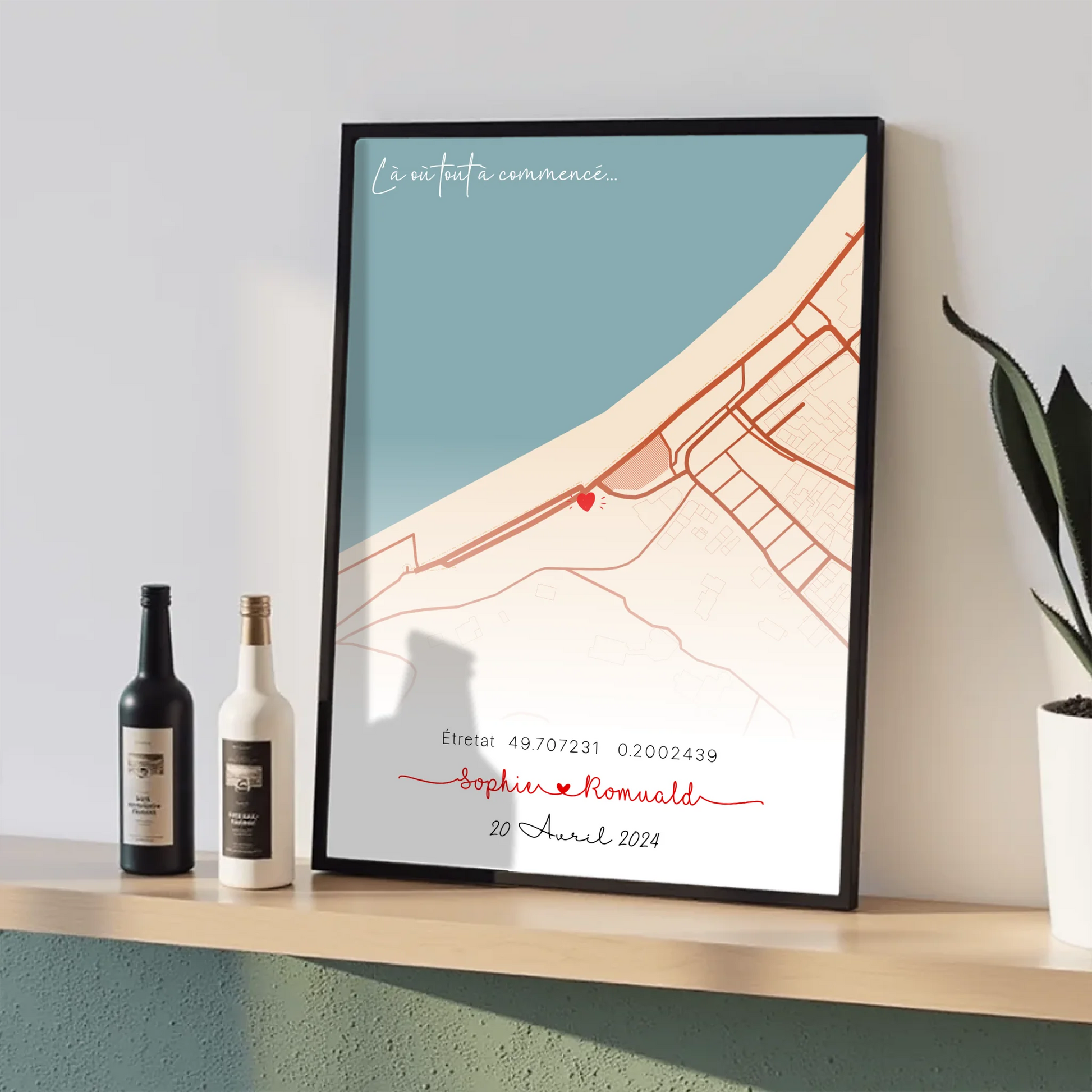 Affiche personnalisée - couple carte du lieu de rencontre - là où toutPlume Revedor