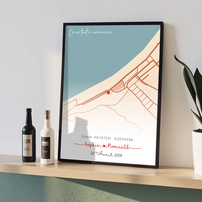 Affiche personnalisée - couple carte du lieu de rencontre - là où toutPlume Revedor