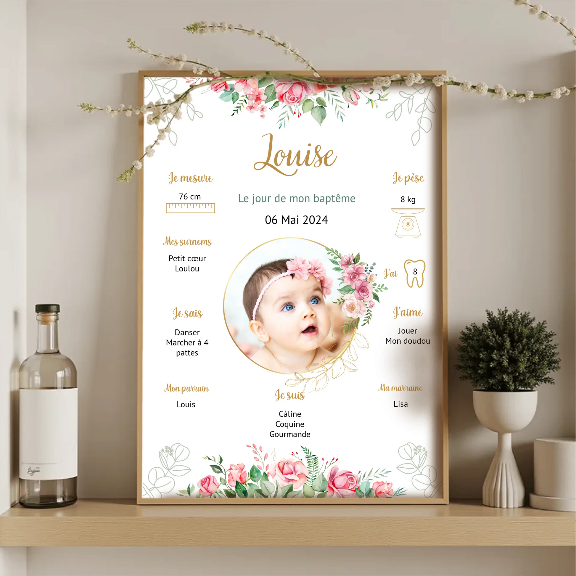 Affiche personnalisée Baptême ou Anniversaire "Bohème Roses"Plume Revedor