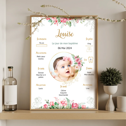 Affiche personnalisée Baptême ou Anniversaire "Bohème Roses"Plume Revedor