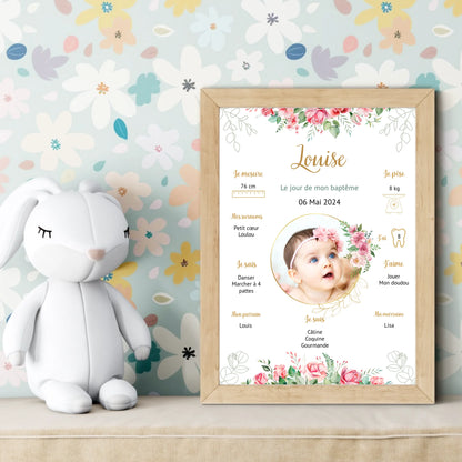 Affiche personnalisée Baptême ou Anniversaire "Bohème Roses"Plume Revedor