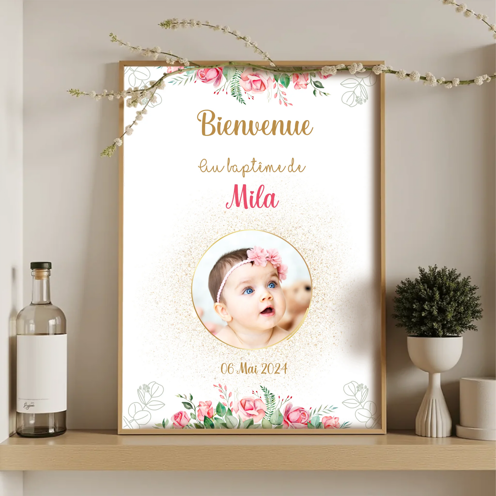 Affiche personnalisée Baptême ou Anniversaire Bienvenue "Bohème Roses"Plume Revedor