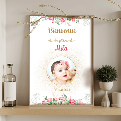 Affiche personnalisée Baptême ou Anniversaire Bienvenue "Bohème Roses"Plume Revedor