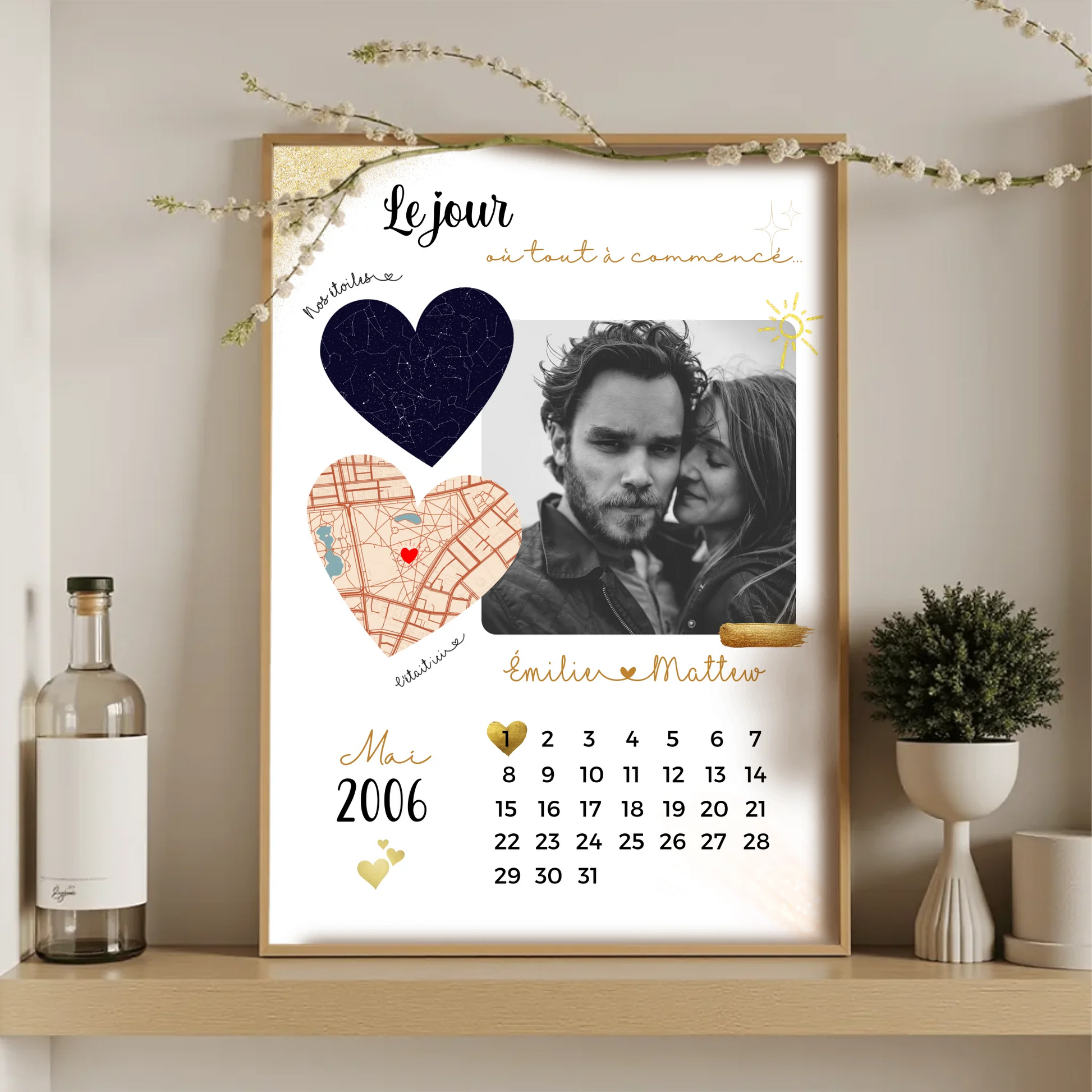 Affiche Personnalisée - couple Calendrier date, photo, Plan et Carte dPlume Revedor