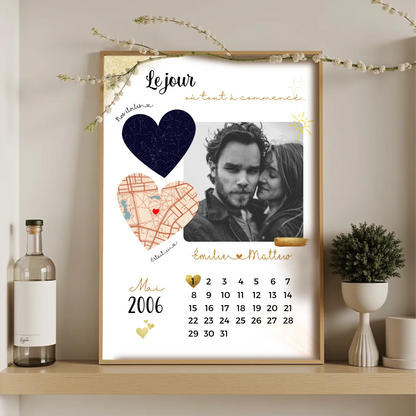 Affiche Personnalisée - couple Calendrier date, photo, Plan et Carte dPlume Revedor