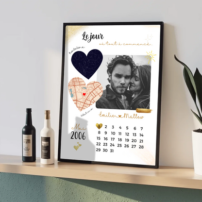 Affiche Personnalisée - couple Calendrier date, photo, Plan et Carte dPlume Revedor