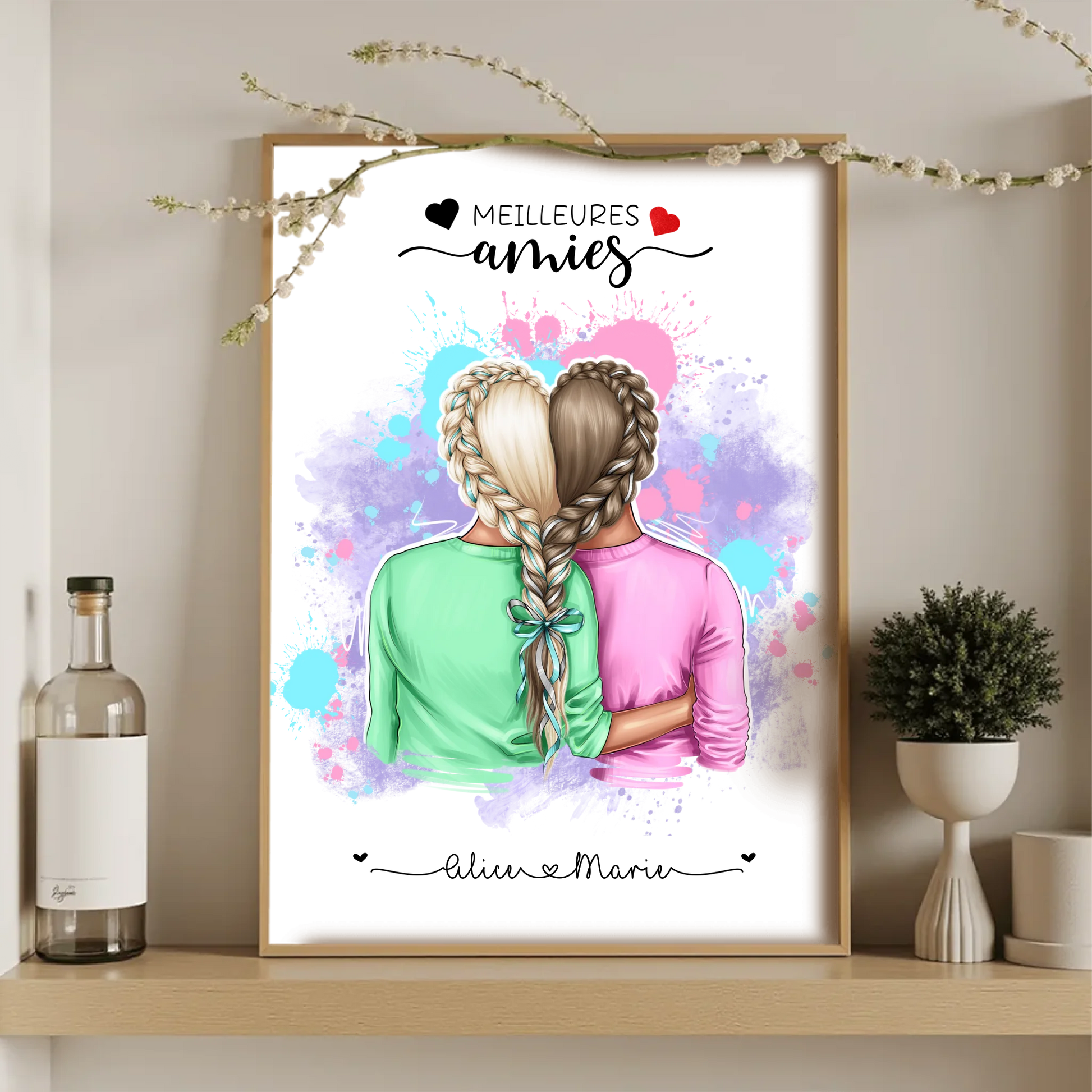 Affiche Personnalisée Meilleures Amies Nattes cœurPlume Revedor