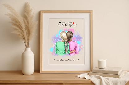 Affiche Personnalisée Meilleures Amies Nattes cœurPlume Revedor