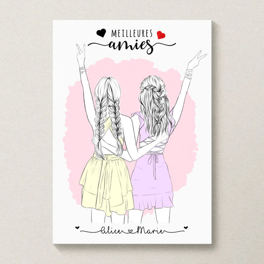 Affiche meilleures amies illustrée – deux filles en robe pastel vues de dos