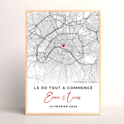 Affiche Couple Personnalisée Lieu de Rencontre - Carte "Là où tout a cPlume Revedor