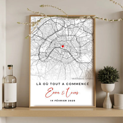 Affiche Couple Personnalisée Lieu de Rencontre - Carte "Là où tout a cPlume Revedor