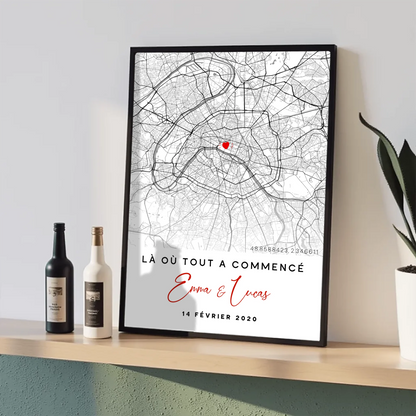 Affiche Couple Personnalisée Lieu de Rencontre - Carte "Là où tout a cPlume Revedor